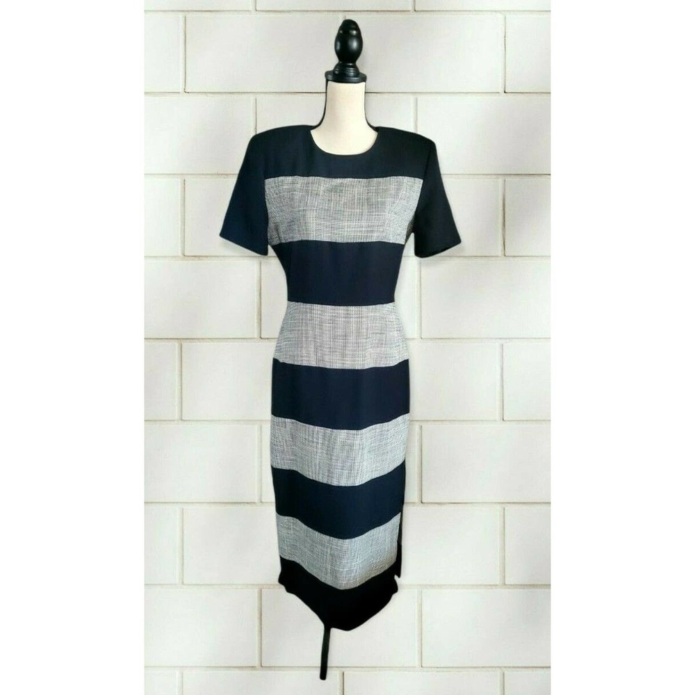 Vintage Leslie Lucks Black Houndstooth Striped Sheath Maxi Dress Sz 8